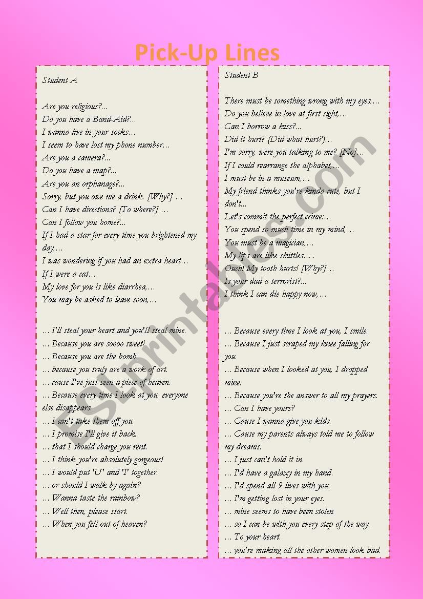 Valentine`s Day Pick-Up Lines worksheet